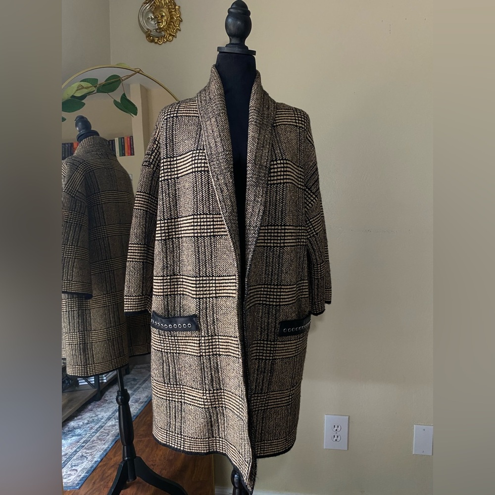 Plaid sweater Joseph ribkoff brown black camel cover up 223942x 3/4 sleeve - Picture 3 of 13